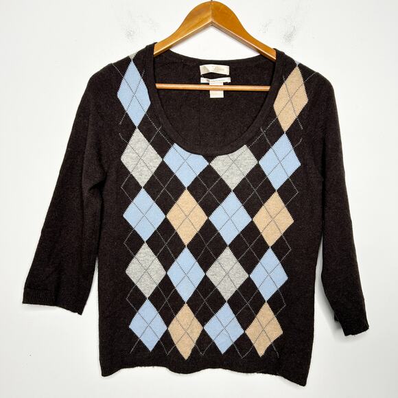 Vintage Argyle Cashmere Sweater FIONA Womens Large Academia Twee Preppy School - Picture 1 of 4